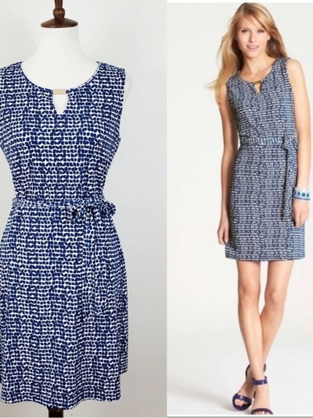 Ann Taylor sleeveless jersey dress Navy and White Printed Tie-Waist Dress